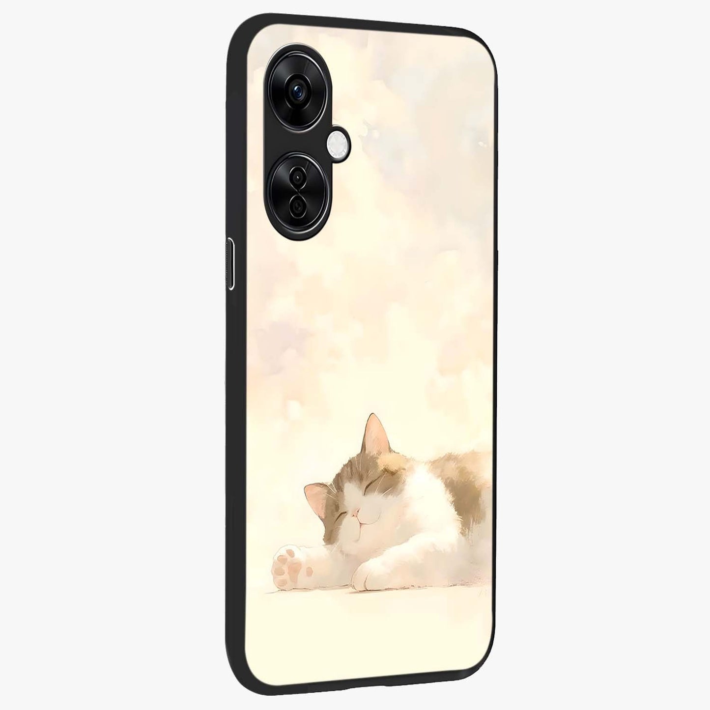 Cloud Nap Cat Glass Case for 1+Nord CE 3 Lite side perspective highlighting charming feline details and premium edge finish