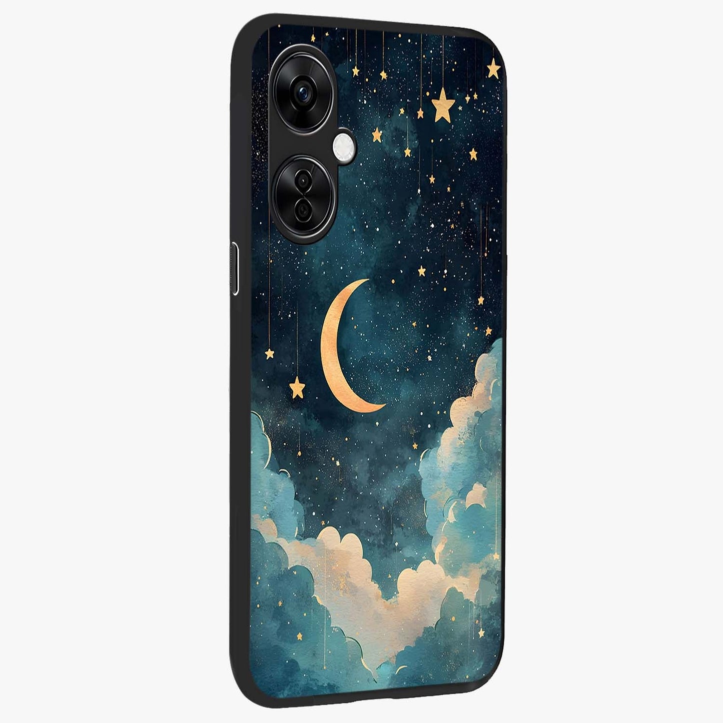 Crescent Galaxy Moon Glass Case for 1+Nord CE 3 Lite side perspective highlighting luminous moon details and premium build