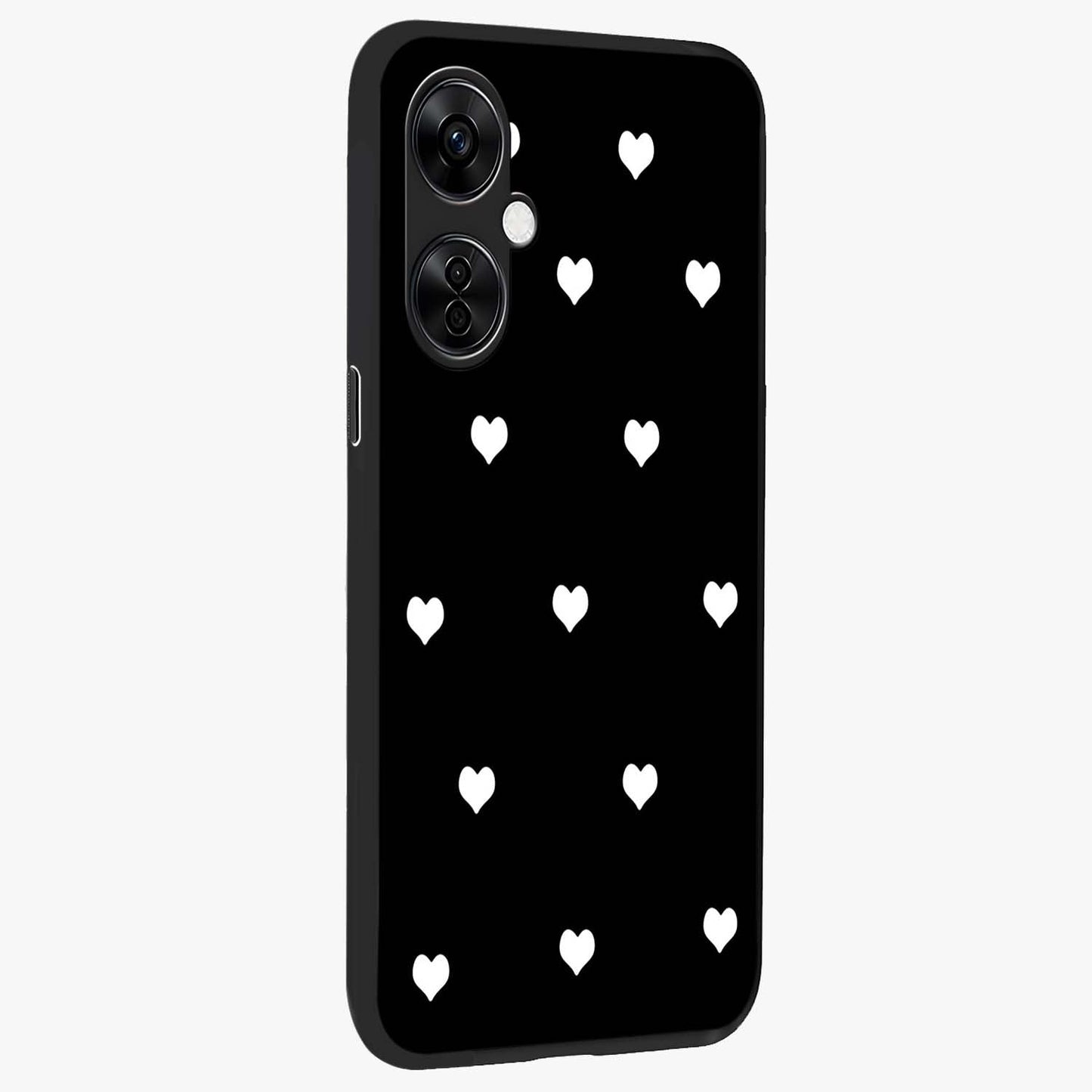 Cute Simple black Hearts Glass Case for 1+Nord CE 3 Lite side perspective highlighting dramatic contrast and premium build