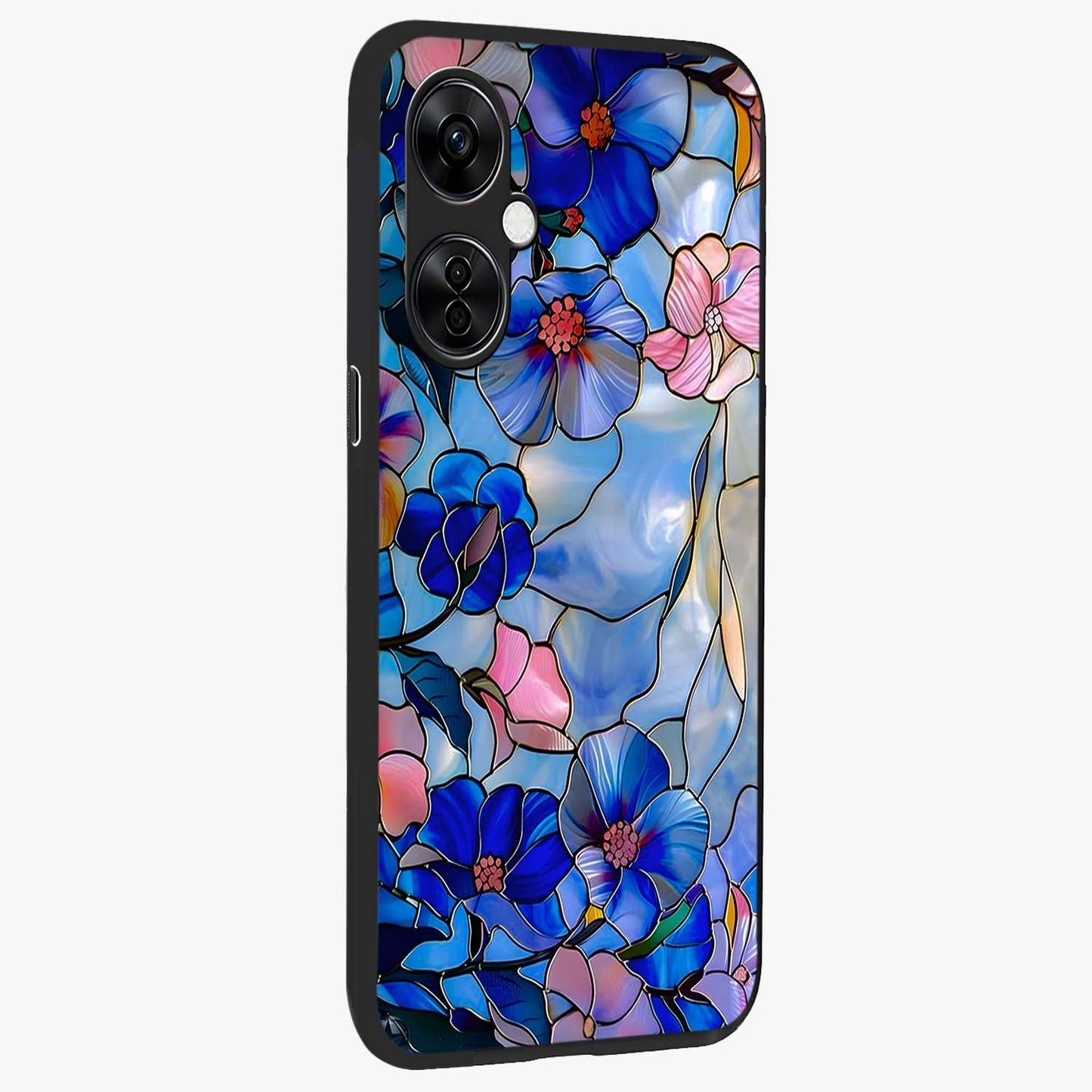 Eternal Floral Stained Glass Case for 1+Nord CE 3 Lite side perspective highlighting colorful floral detailing and premium edge finish