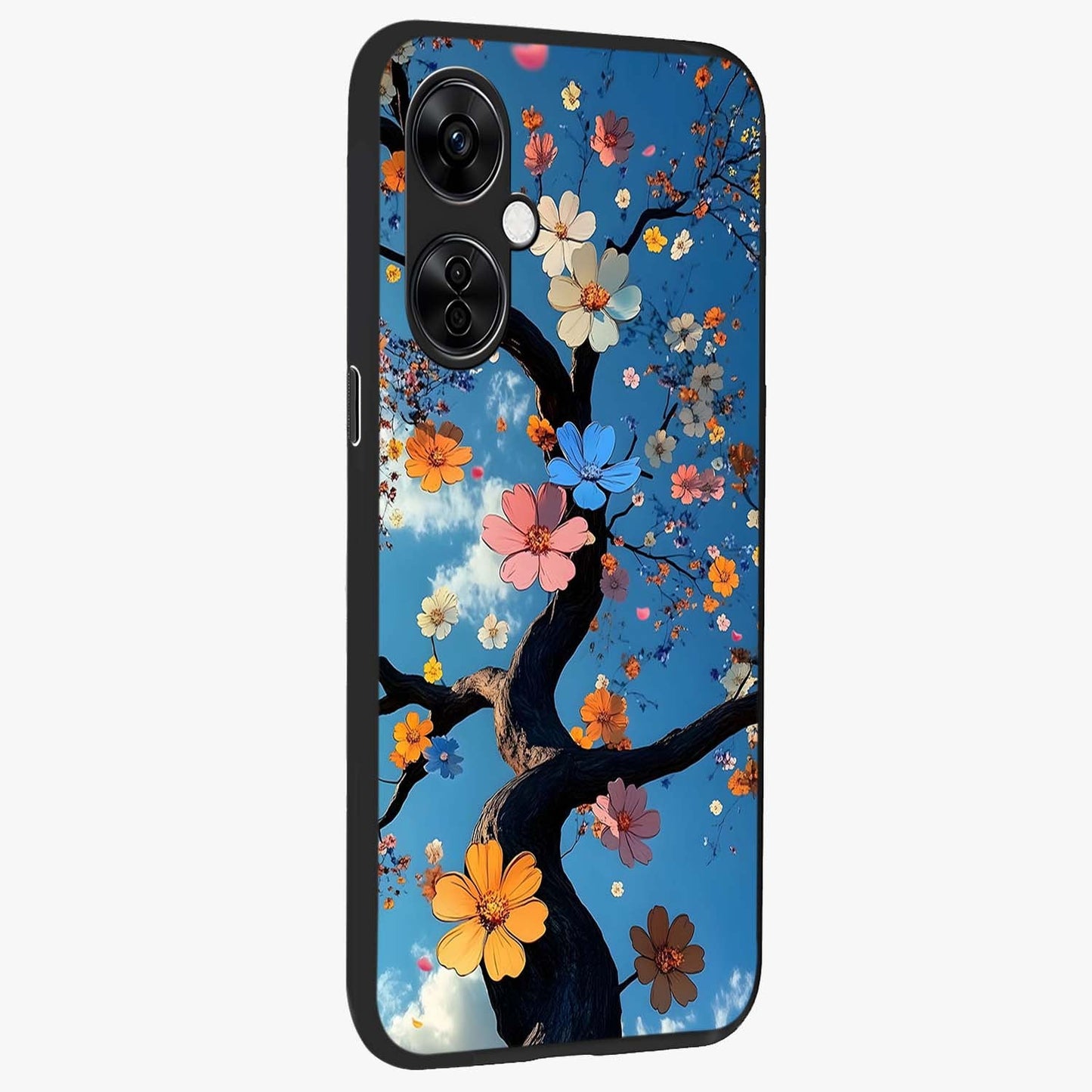 Floral Tree Glass Case for 1+Nord CE 3 Lite side perspective highlighting vibrant floral patterns and sleek edges