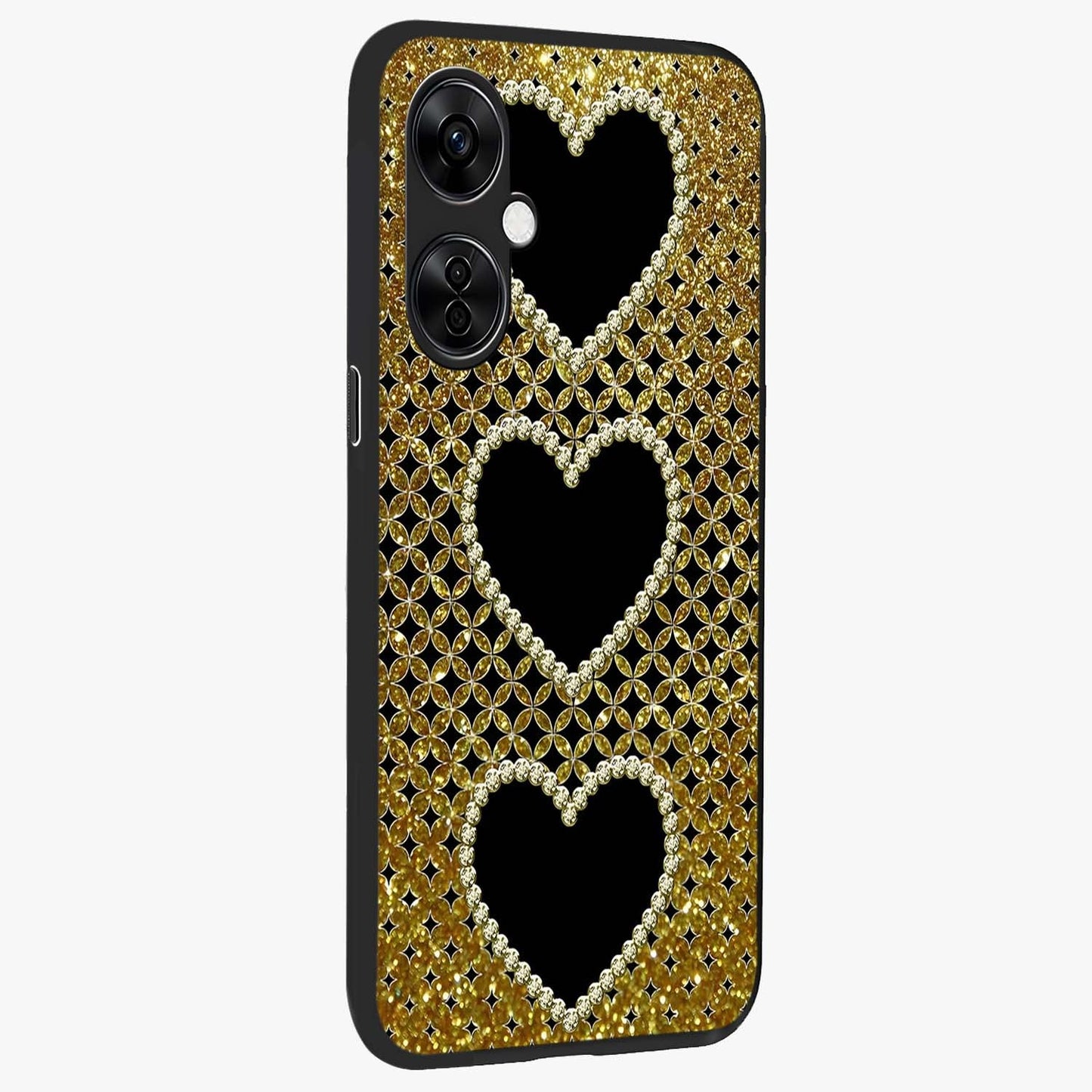 Golden Heart Glow Glass Case for 1+Nord CE 3 Lite side perspective highlighting smooth heart detailing and premium edges
