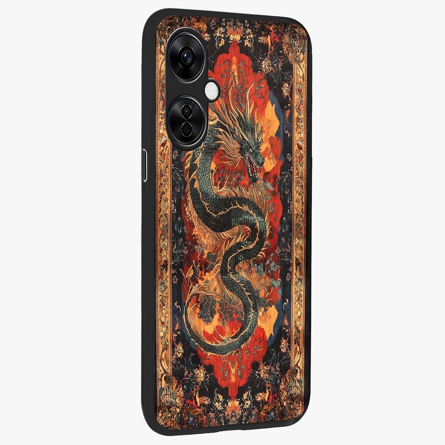 Inferno Dragon Soul Glass Case for 1+Nord CE 3 Lite displayed upright for powerful mythical visibility and premium finish.