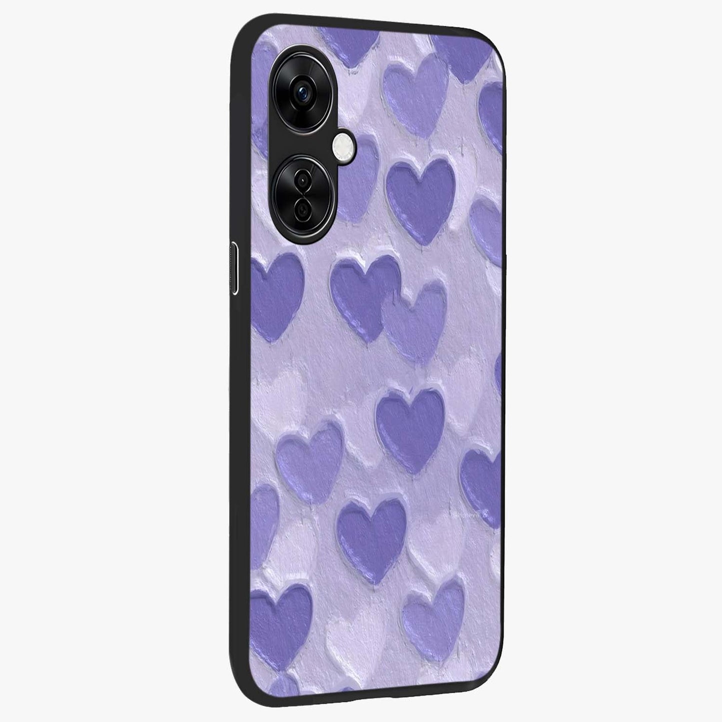 Lavender Paper Hearts Glass Case for 1+Nord CE 3 Lite side perspective highlighting delicate heart textures and sleek build