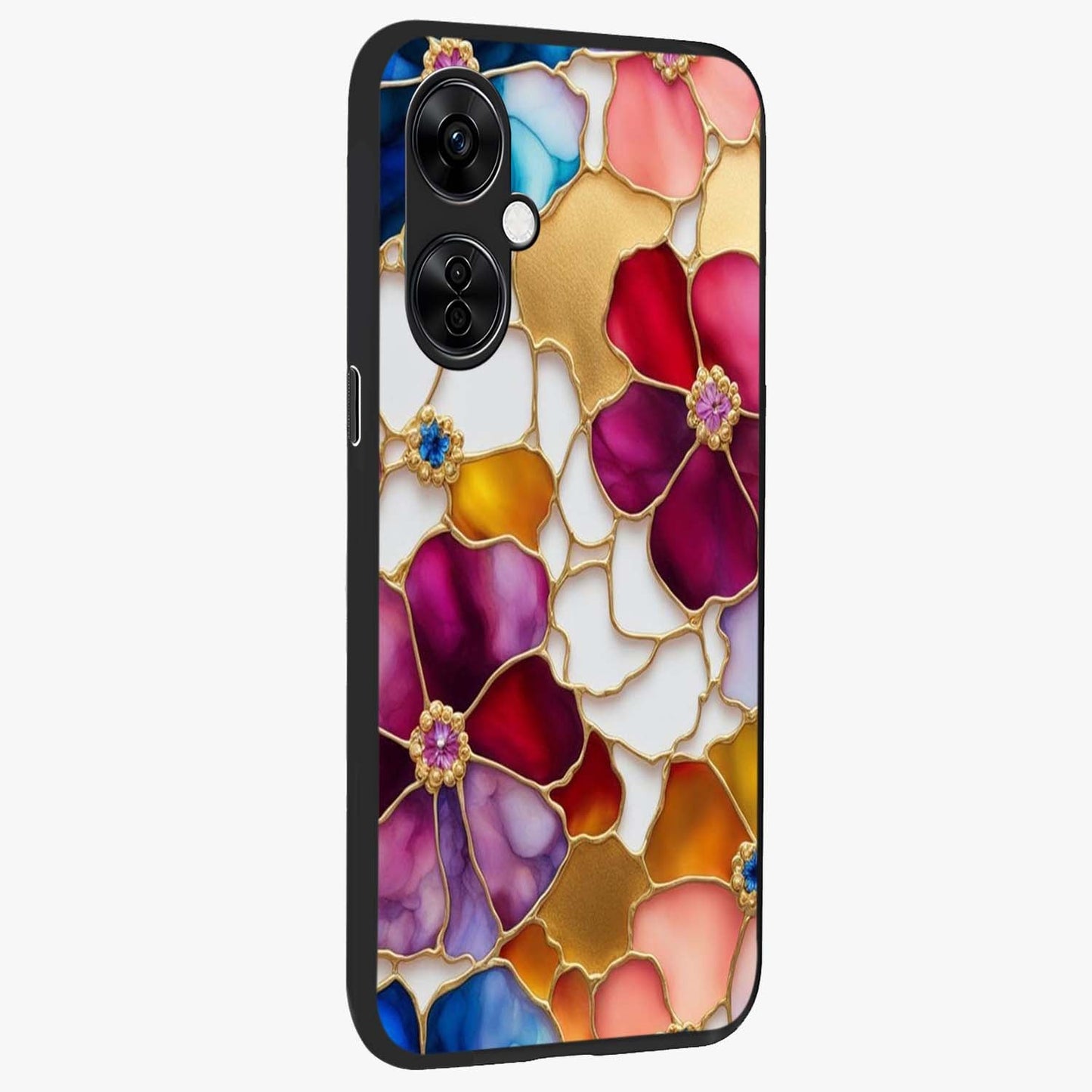Marble Flower Pattern Glass Case for 1+Nord CE 3 Lite side perspective highlighting elegant marble textures and sleek build
