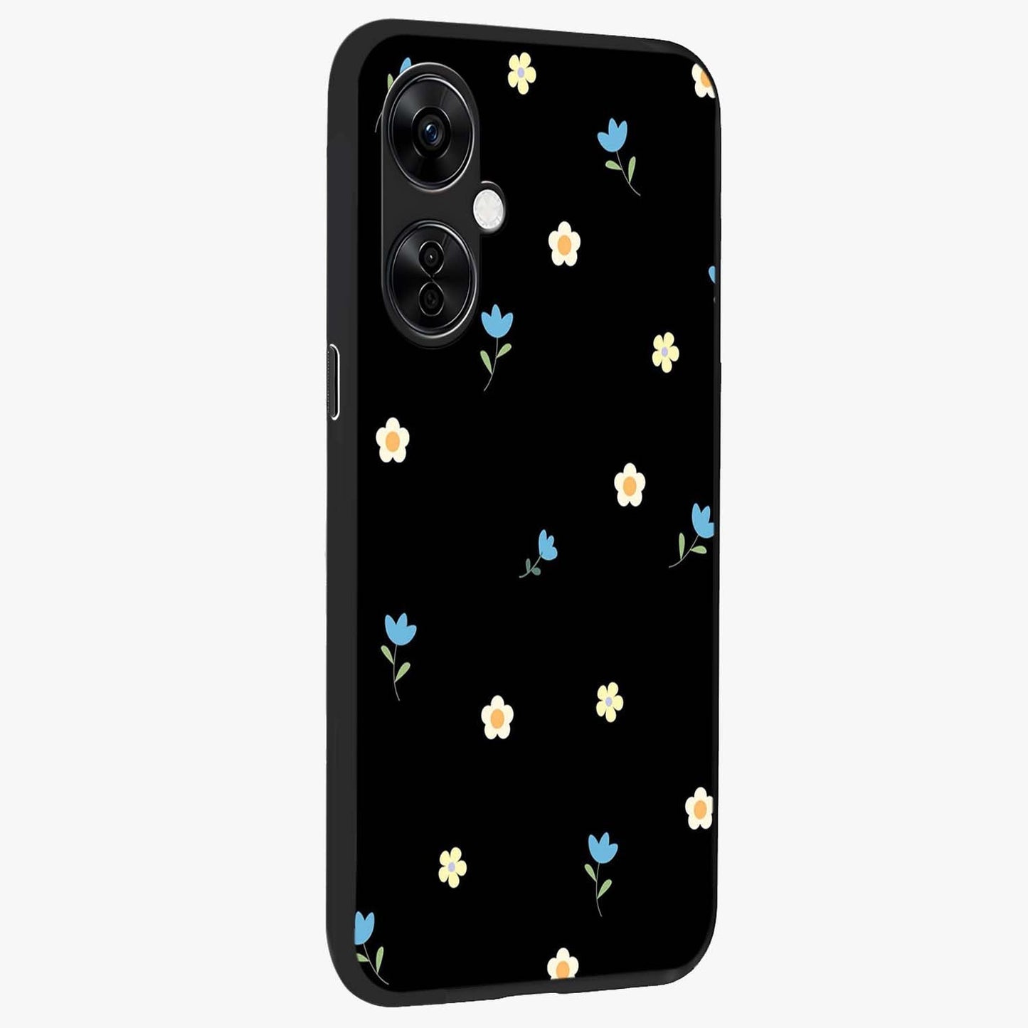 Minimalistic Blue With White Flower Pattern Glass Case for 1+Nord CE 3 Lite side perspective highlighting subtle floral textures and premium edges