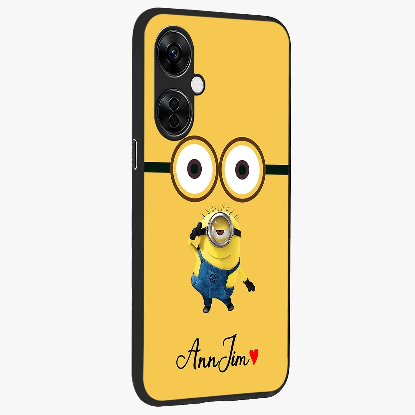 Minion Custom Name Glass Case for 1+Nord CE 3 Lite side perspective highlighting custom typography and smooth premium build