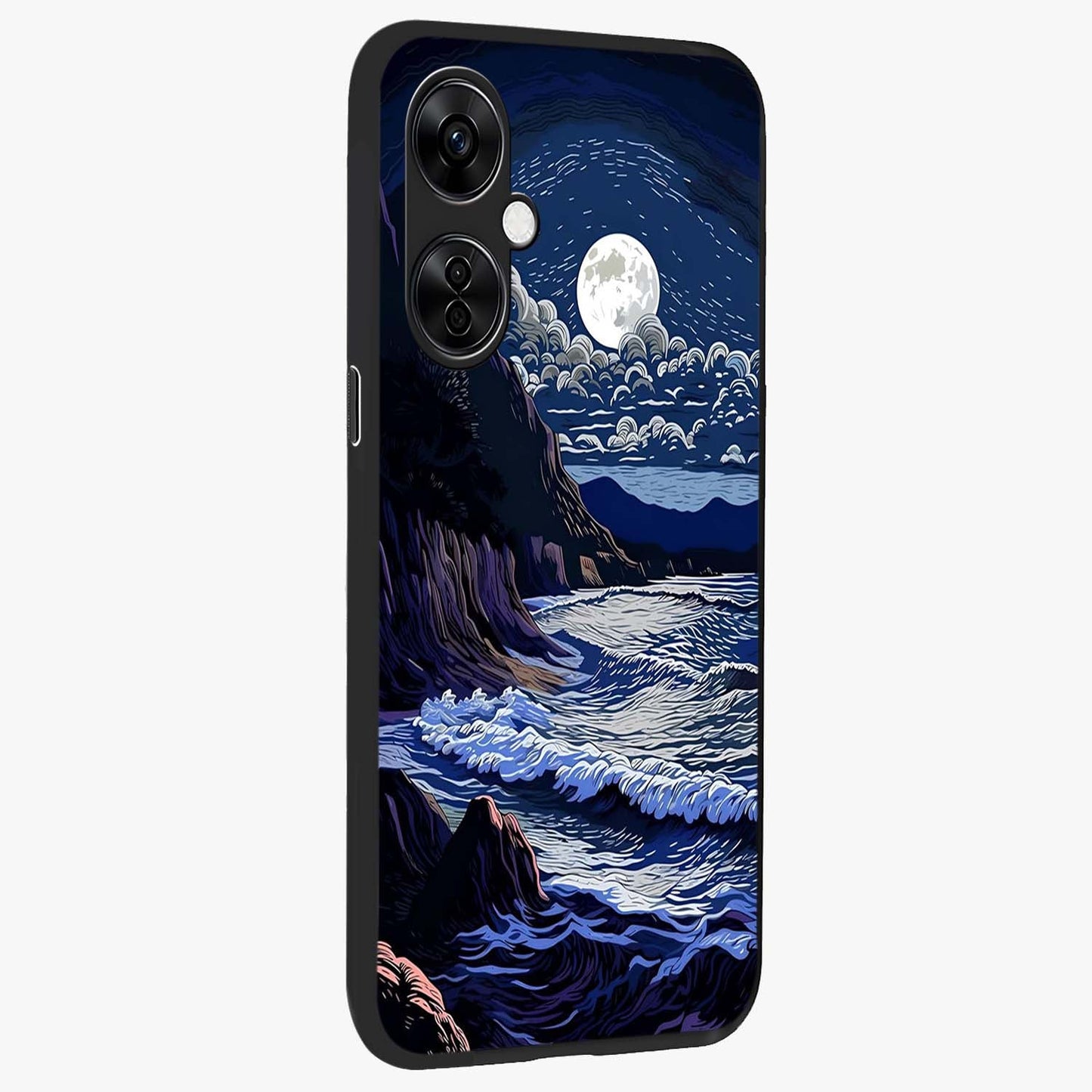 Night Moon Scenery Pattern Glass Case for 1+Nord CE 3 Lite side perspective highlighting calming scenic textures and smooth build