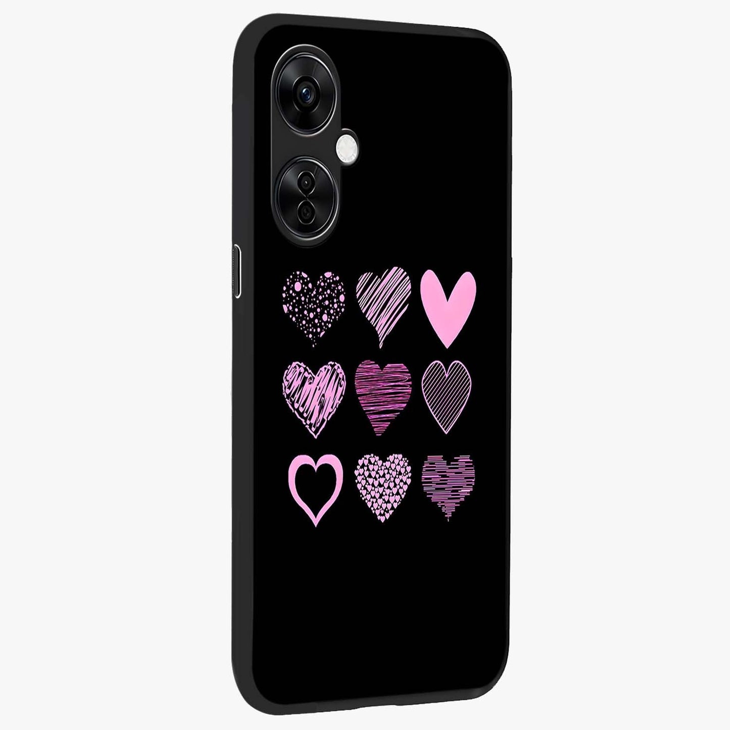 Pink Heart Aesthetic Glass Case for 1+Nord CE 3 Lite side perspective highlighting smooth textures and premium edge finish