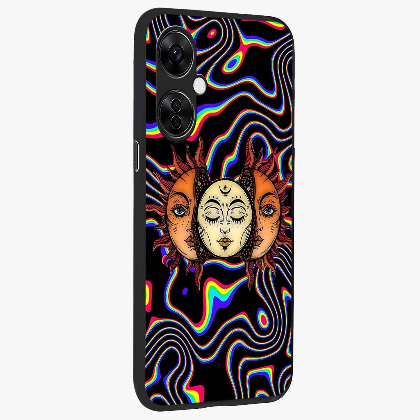 Psychedelic Sun Glass Case for 1+Nord CE 3 Lite side perspective highlighting vivid gradients and premium edge finish