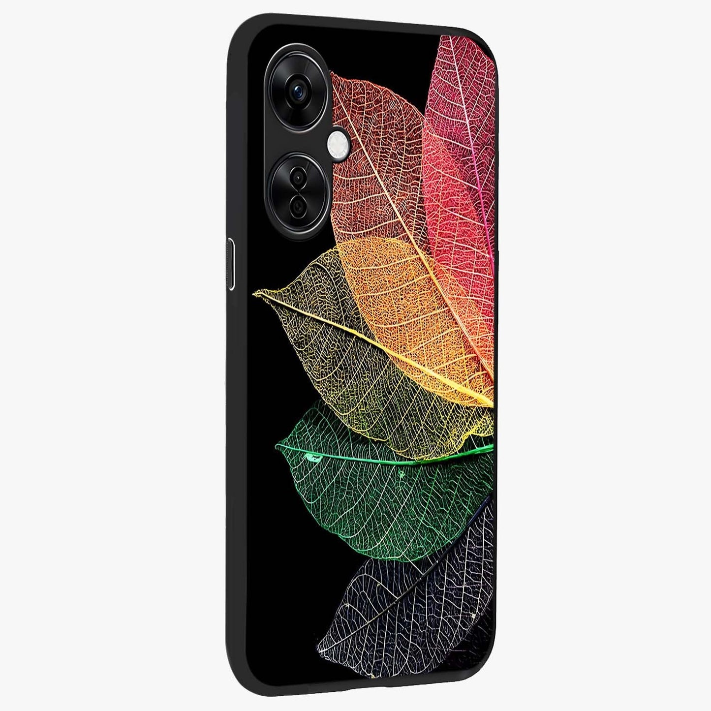 Rainbow Leaf Glow Glass Case for 1+Nord CE 3 Lite side perspective highlighting bright detailing and premium edge finish