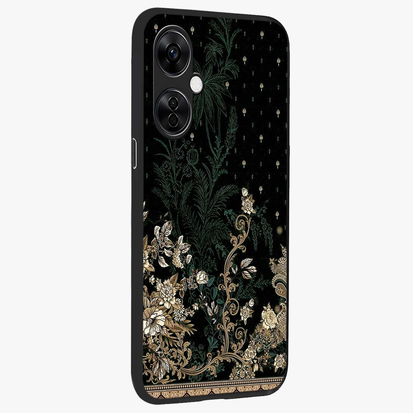 Regal Botanical Tapestry Glass Case for 1+Nord CE 3 Lite side perspective highlighting detailed floral textures and sleek premium build