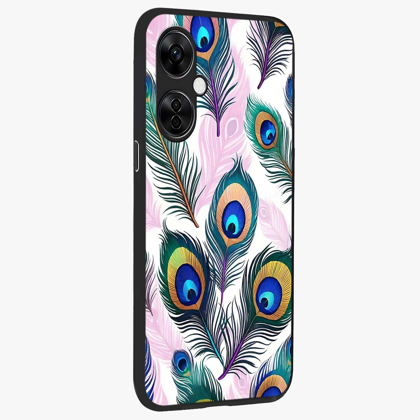 Royal Peacock Feathers Glass Case for 1+Nord CE 3 Lite side perspective highlighting intricate plume textures and sleek premium build