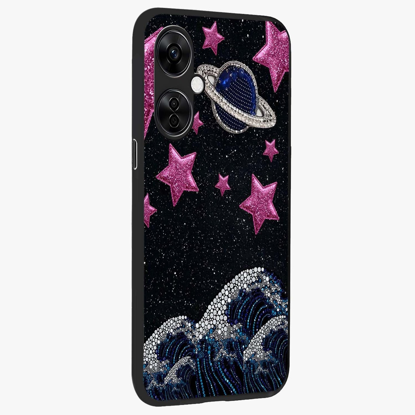 Saturn Pink Storm Glass Case for 1+Nord CE 3 Lite side perspective highlighting planetary textures and premium edges