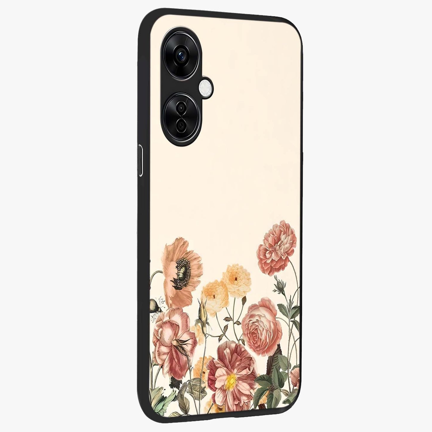 Timeless Garden Romance Glass Case for 1+Nord CE 3 Lite side perspective highlighting delicate bloom textures and smooth build