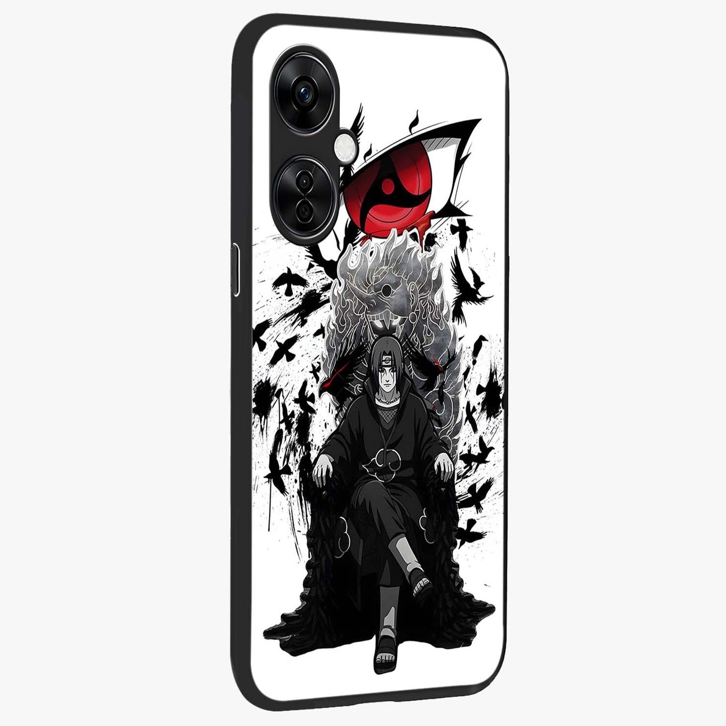 Uchiha Shadow Throne Glass Case for 1+Nord CE 3 Lite side perspective highlighting bold character textures and premium edges