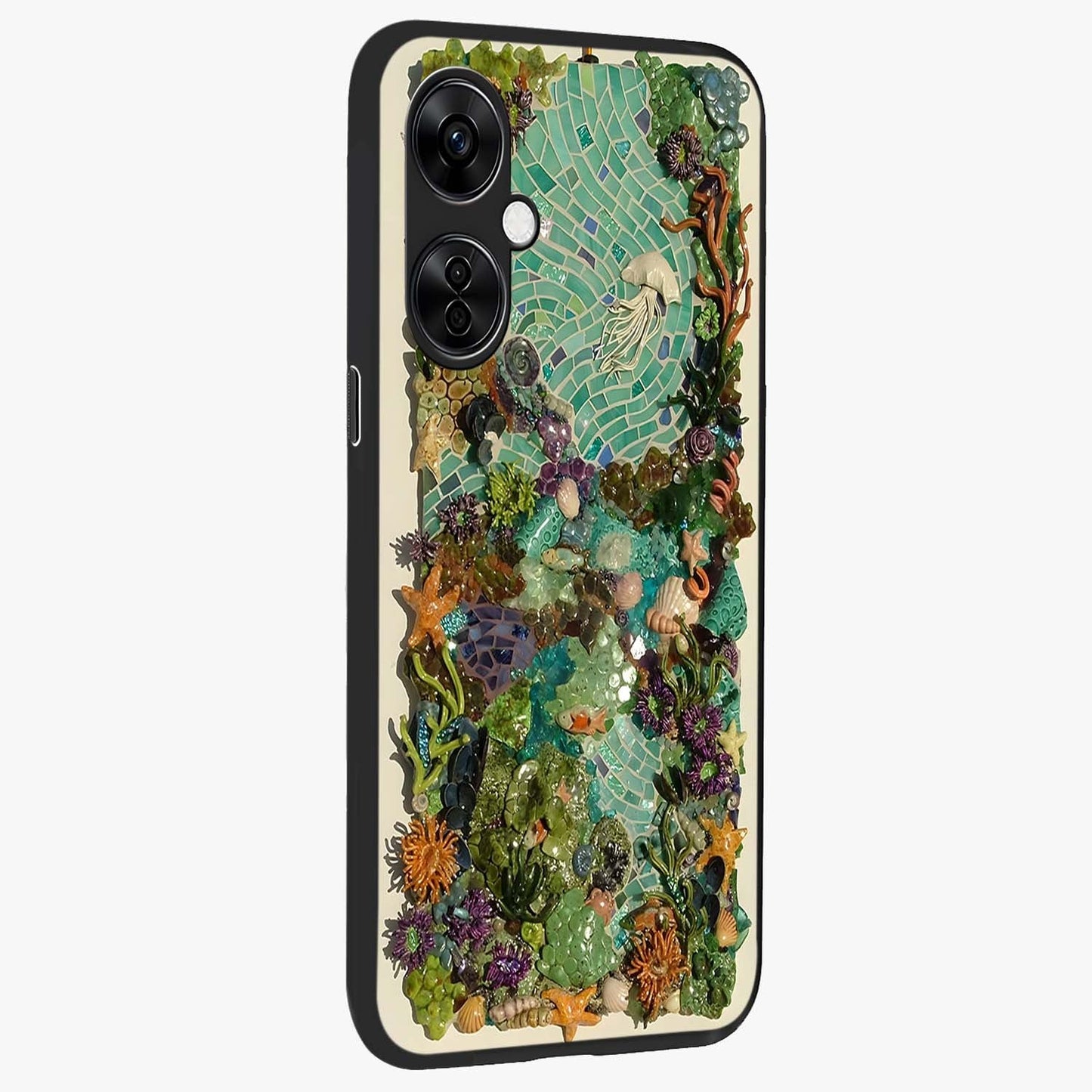 Underwater Mosaic Art Glass Case for 1+Nord CE 3 Lite side perspective highlighting detailed tile textures and premium edges