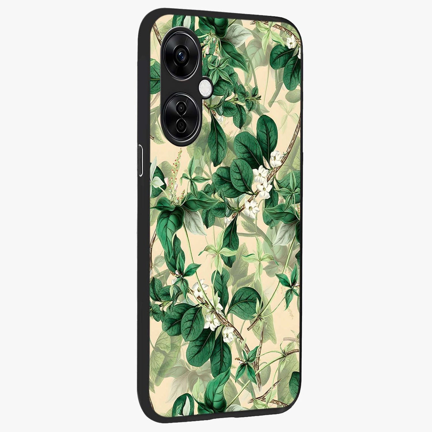 Verdant Garden Whispers Glass Case for 1+Nord CE 3 Lite side perspective highlighting delicate leaf textures and premium edges