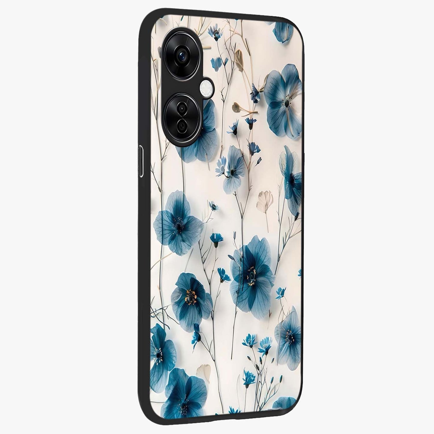 Whispers of Blue Bloom Glass Case for 1+Nord CE 3 Lite side perspective highlighting intricate bloom textures and premium edges