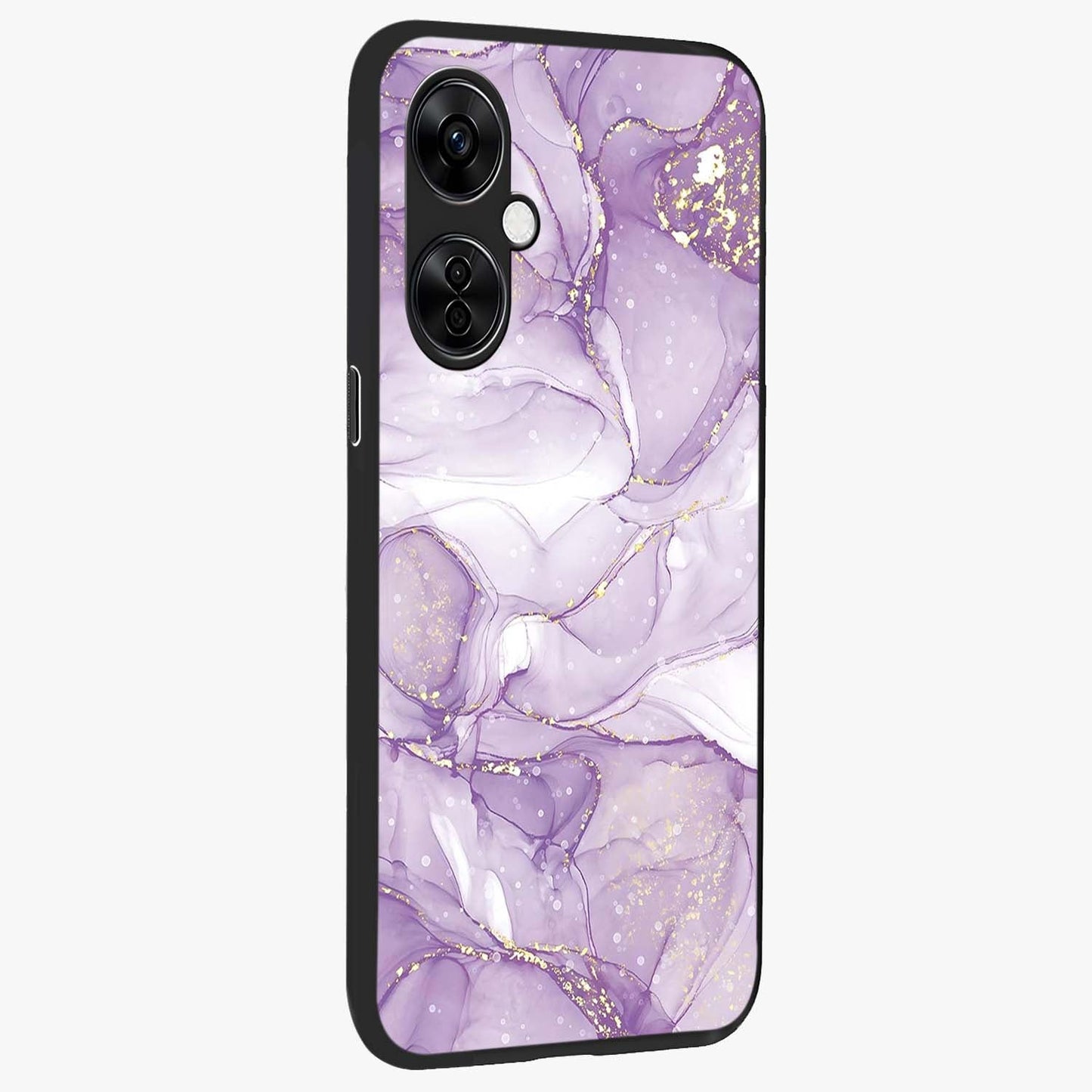 White and Purple Marble Glass Case for 1+Nord CE 3 Lite side perspective highlighting smooth marble textures and premium edges