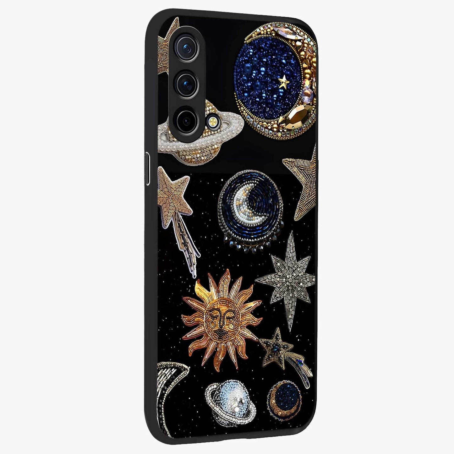 Celestial Gem Constellations Glass Case upright view showcasing cosmic constellation artwork with celestial aesthetic style.