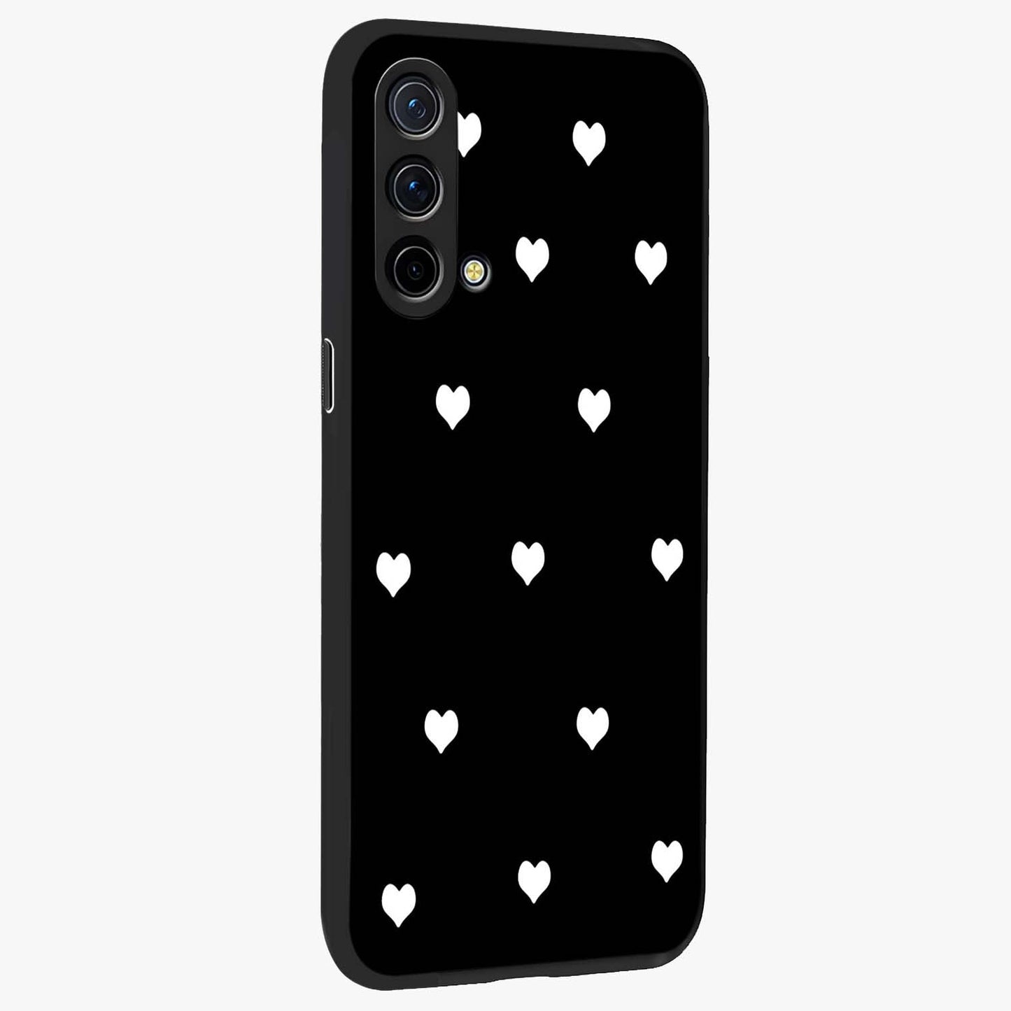 Cute And Simple White Hearts Glass Case upright view showcasing simple white hearts artwork with soft minimal theme.