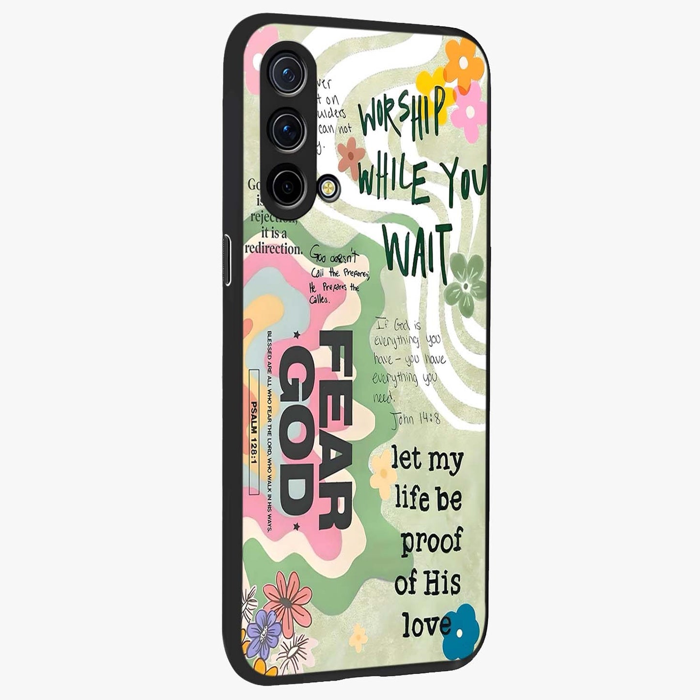 Faith Over Fear Glass Case upright view showcasing bold typography artwork with uplifting motivational theme.