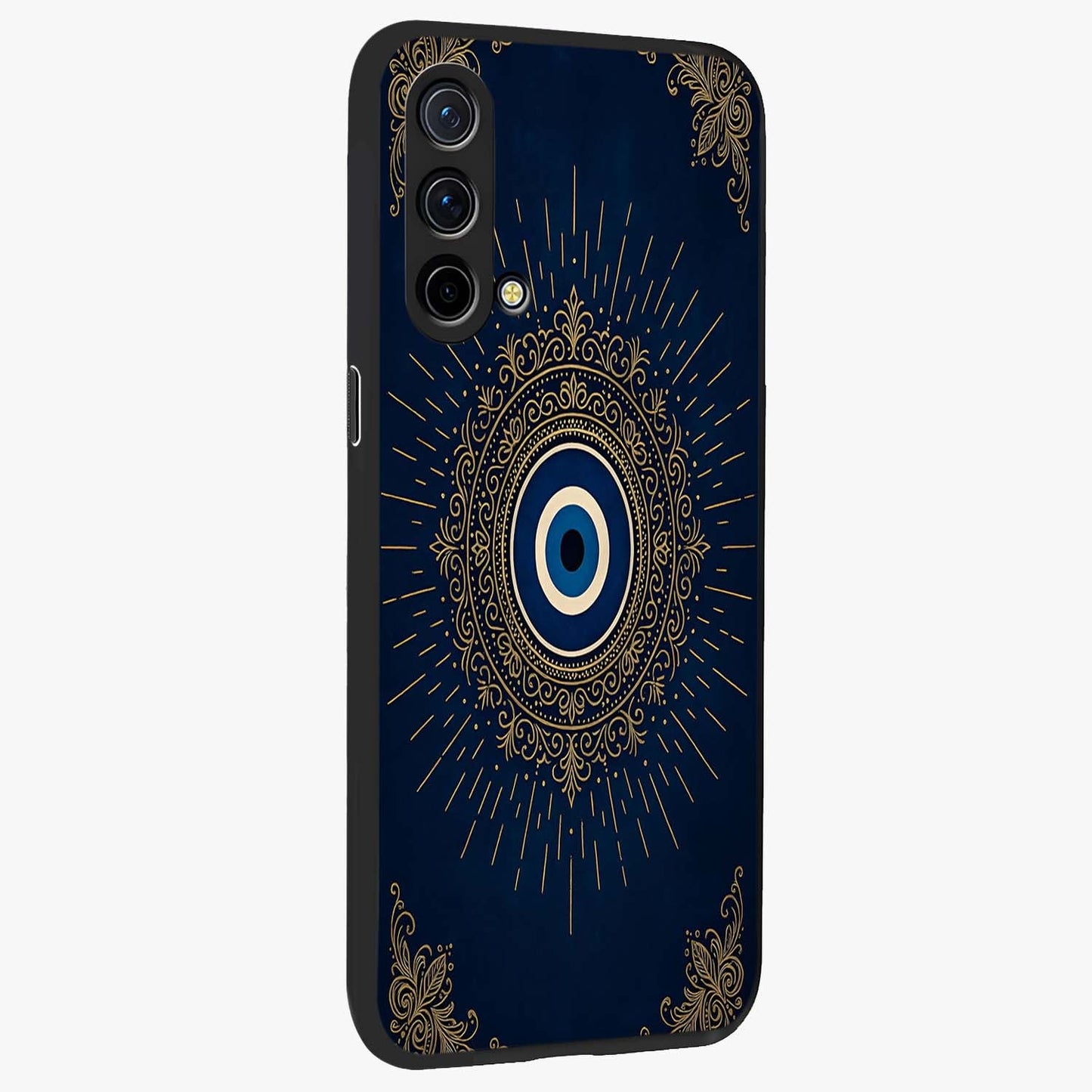 Golden Celestial Charm Glass Case upright view showcasing radiant celestial artwork with elegant golden theme.