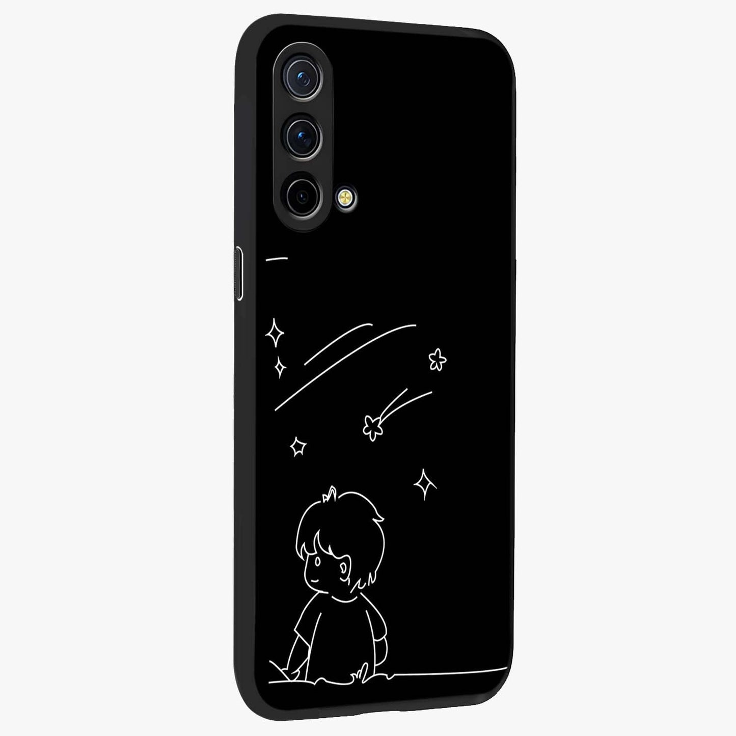 Line Art Boy With Shooting Stars Glass Case upright view showcasing artistic shooting star illustration with minimal style.