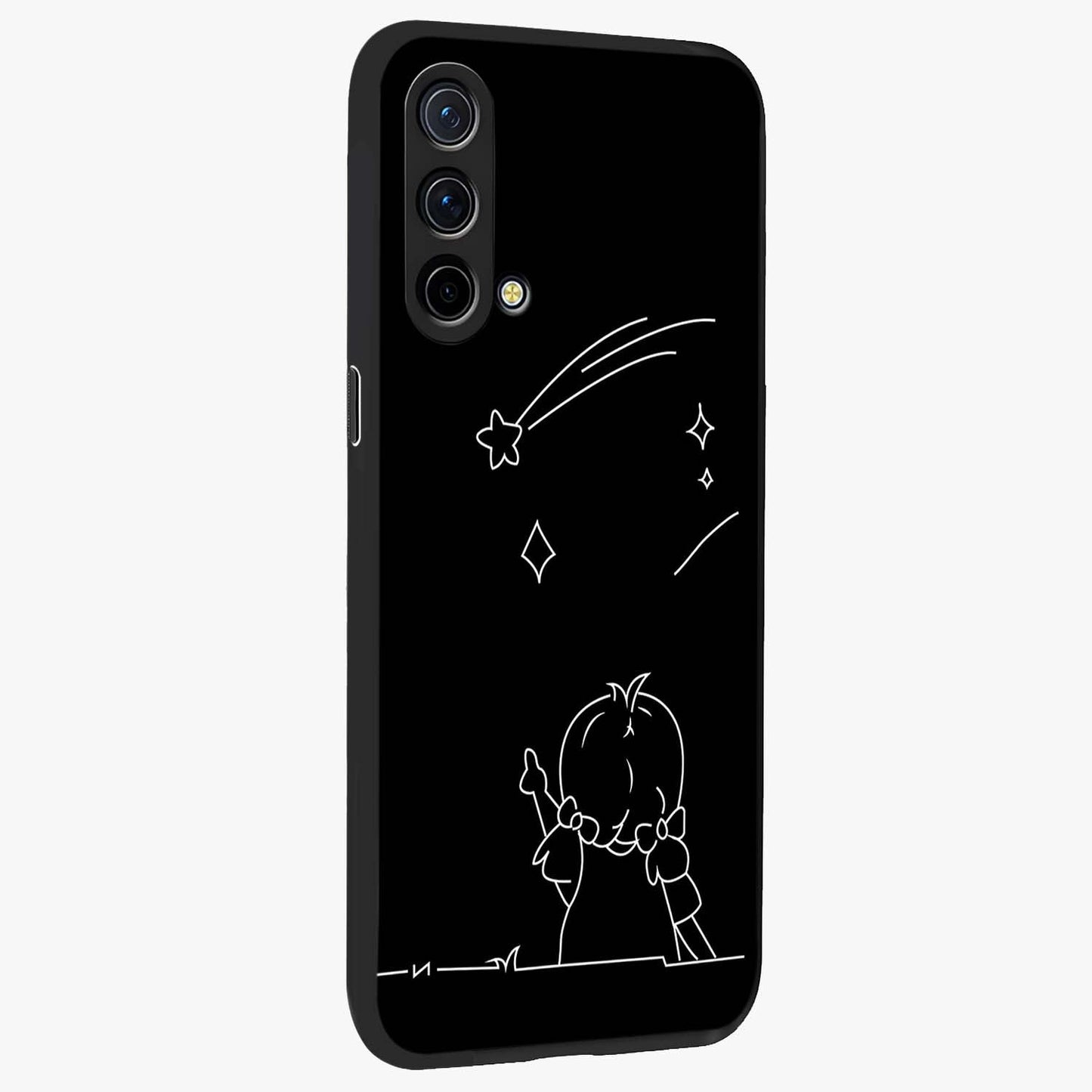 Line Art Girl With Shooting Stars Glass Case upright view showcasing delicate shooting stars artwork with minimal artistic theme.