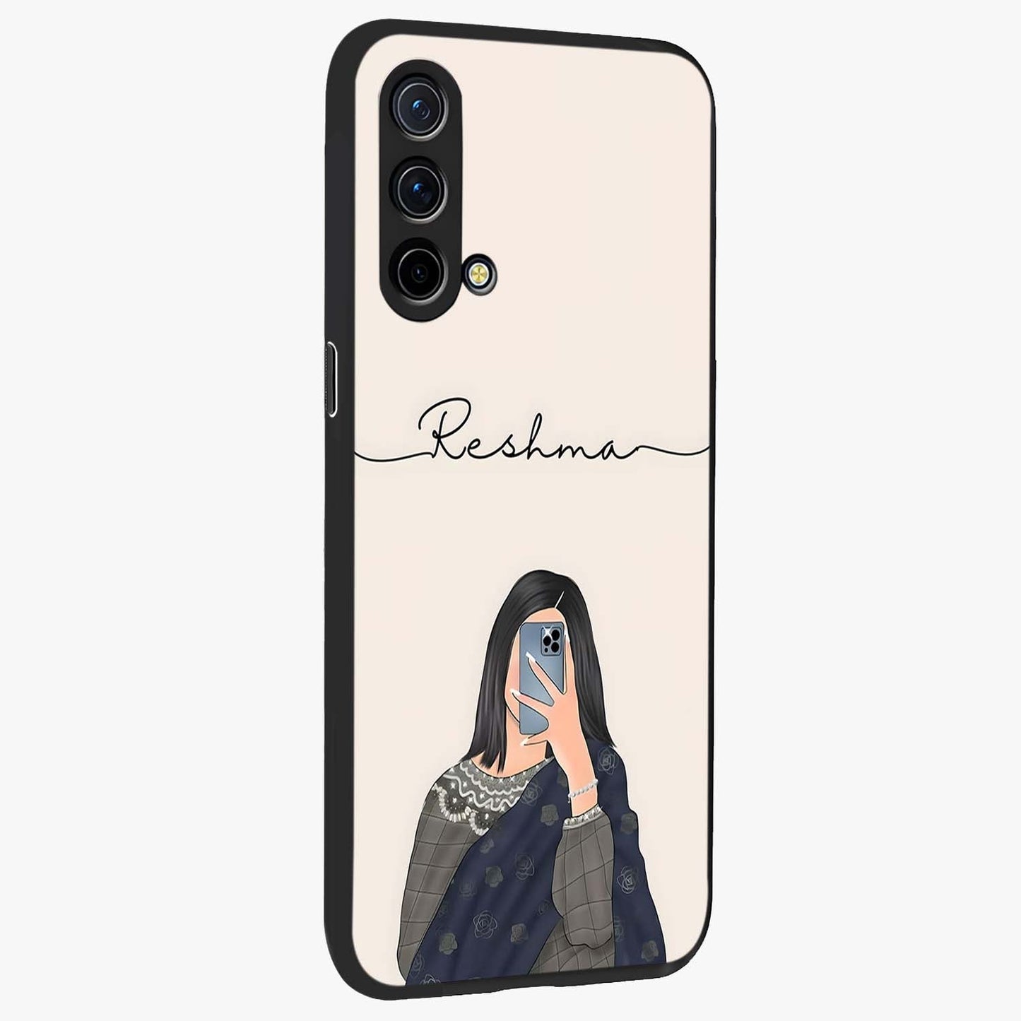Mirror Mood Muse With Custom Name Glass Case upright view showcasing artistic mirror themed artwork with personalized aesthetic.