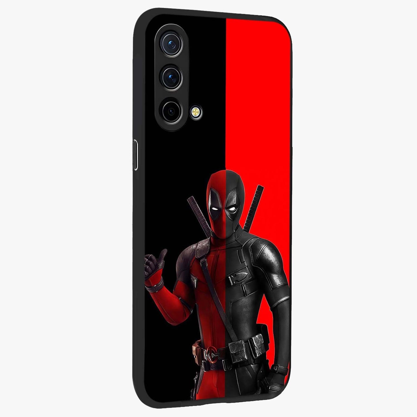 Red & Black Deadpool Theme Glass Case upright view showcasing energetic comic themed artwork with striking red and black design.