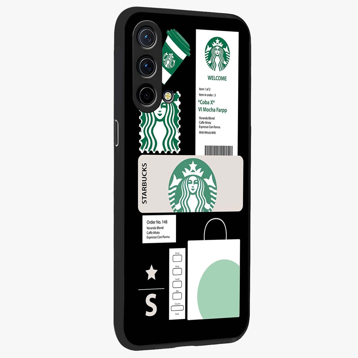 Starbucks Mocha Glass Case upright view showcasing trendy coffee inspired artwork with modern lifestyle theme.