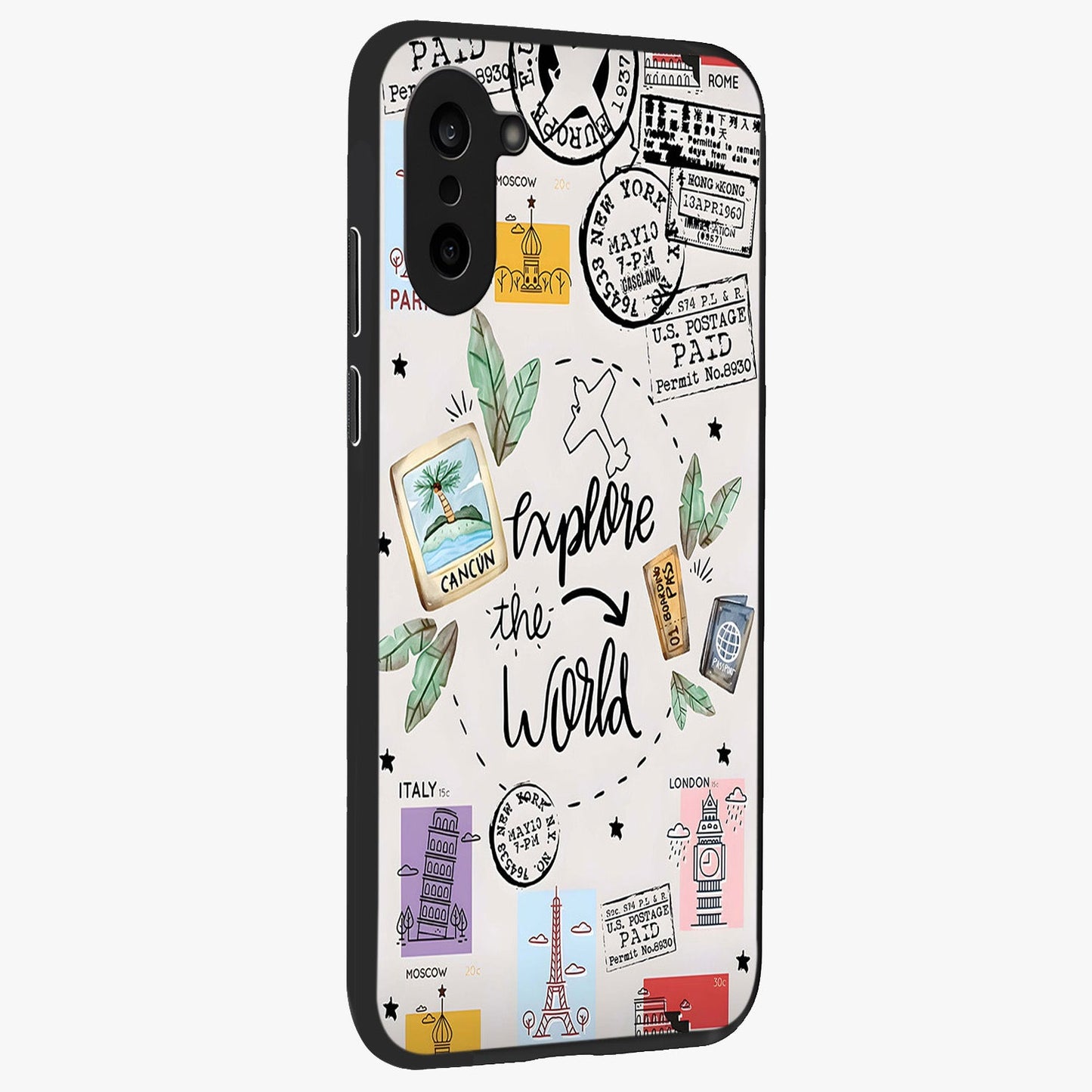 Adventure Awaits Art Glass Case for 1+Nord CE 5 side perspective highlighting motivational travel graphic details