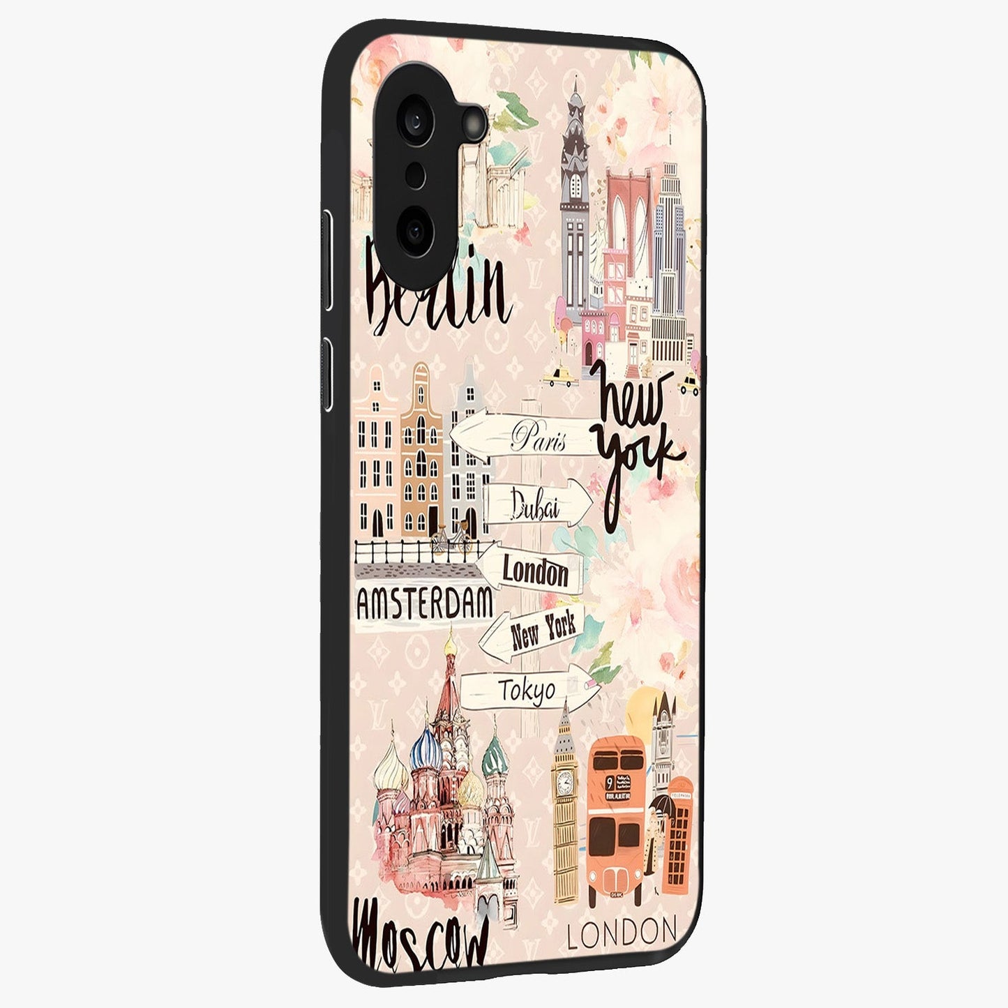Aesthetic Travel Glass Case for 1+Nord CE 5 side perspective highlighting bold travel graphic details