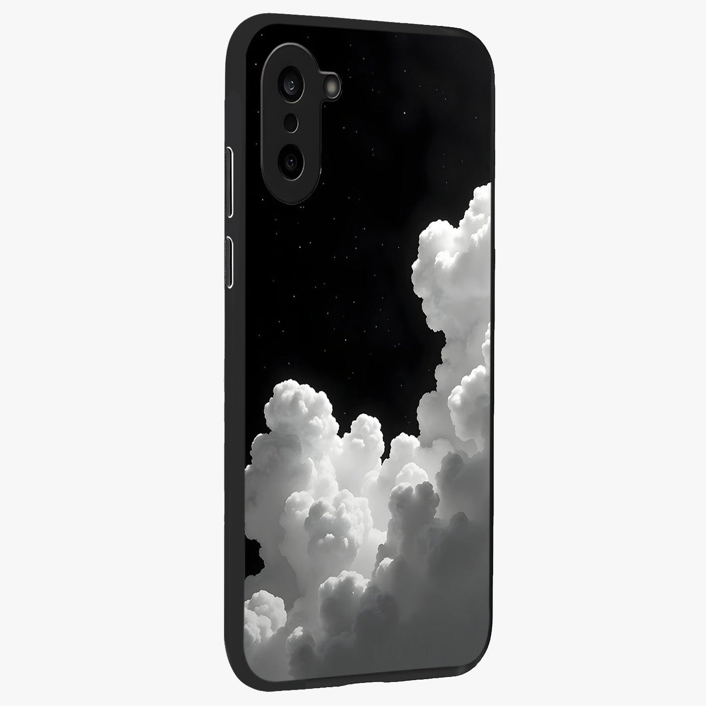 Black Background With White Cloud Glass Case for 1+Nord Ce 5 side perspective highlighting smooth edges and minimalist sky theme