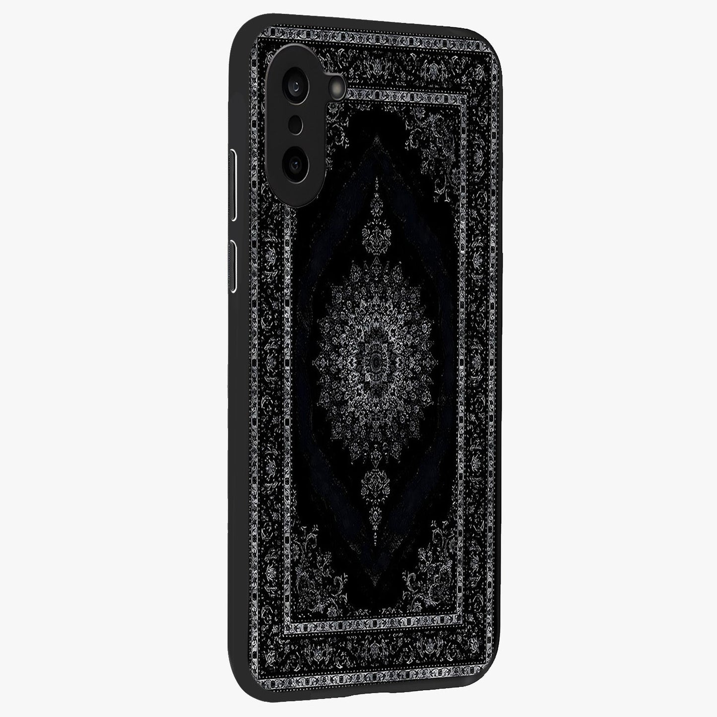 Black Persian Carpet Glass Case for 1+Nord CE 5 side perspective highlighting classic pattern textures and premium build