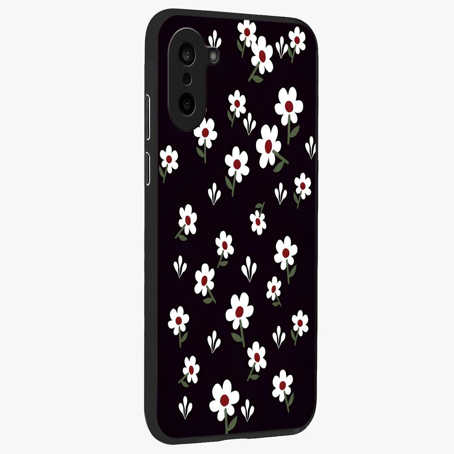 Black Prints Daisy Flower Pattern Glass Case for 1+Nord CE 5 side perspective highlighting delicate daisy details and smooth edges