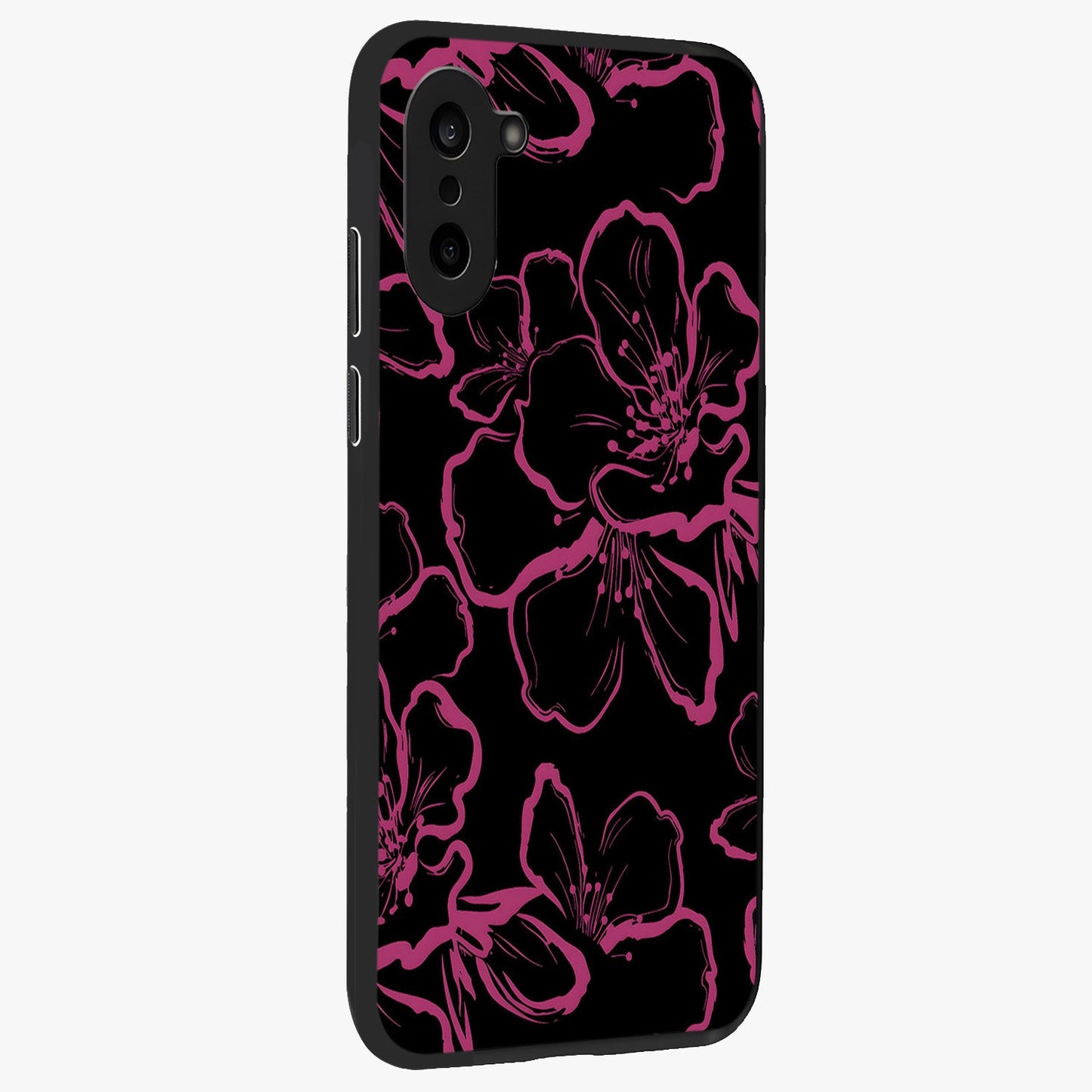 Black Violet Sketch Garden Glass Case for 1+Nord CE 5 side perspective highlighting elegant sketch detailing and premium finish