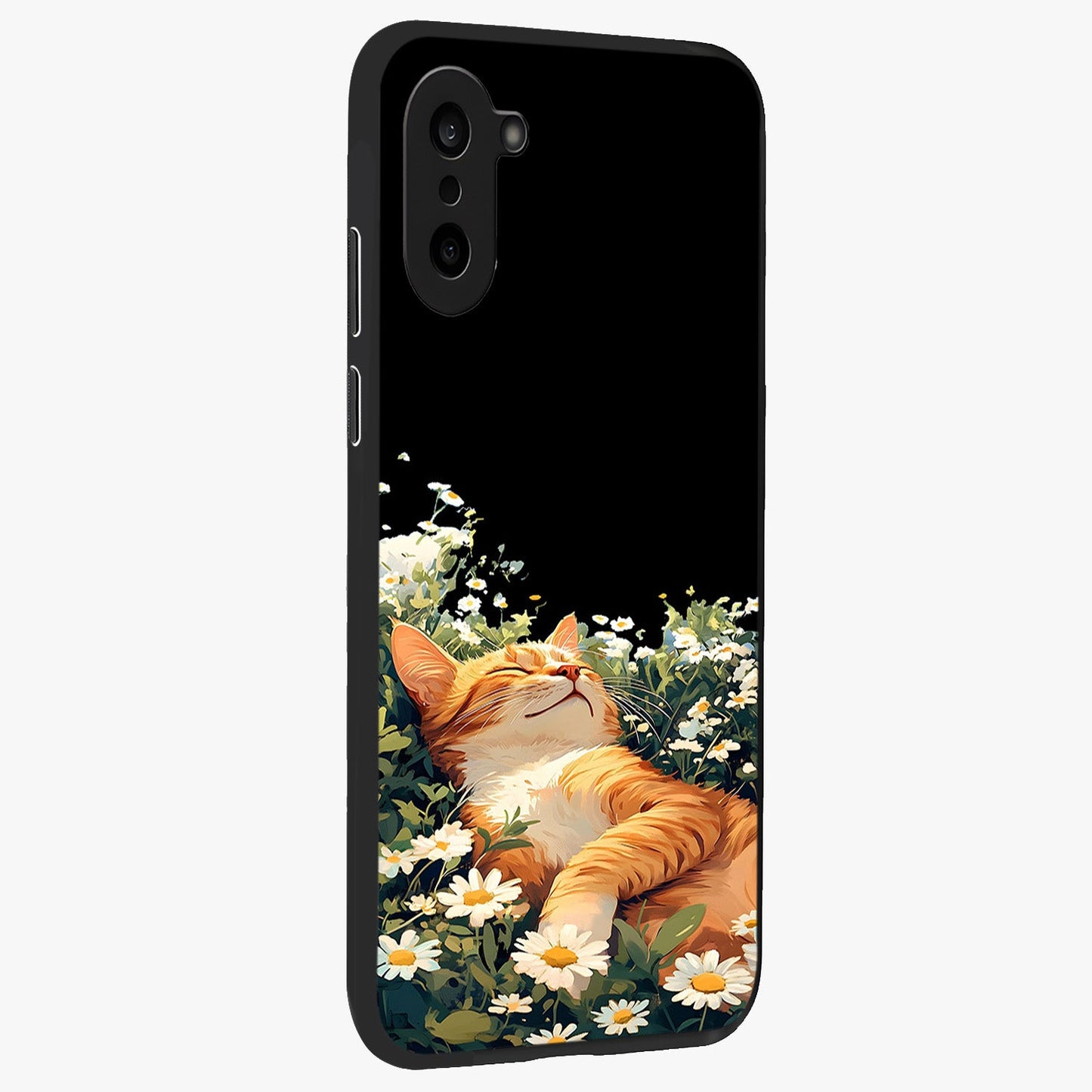 Blissful Bloom Cat Glass Case for 1+Nord Ce 5 side perspective highlighting cute feline illustration and premium edges