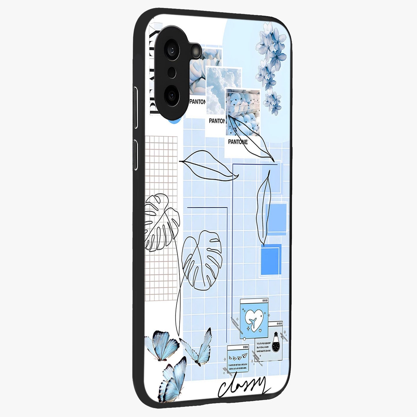 Blue Aesthetic Flower Glass Case for 1+Nord CE 5 side perspective highlighting calming blue tones and premium detailing