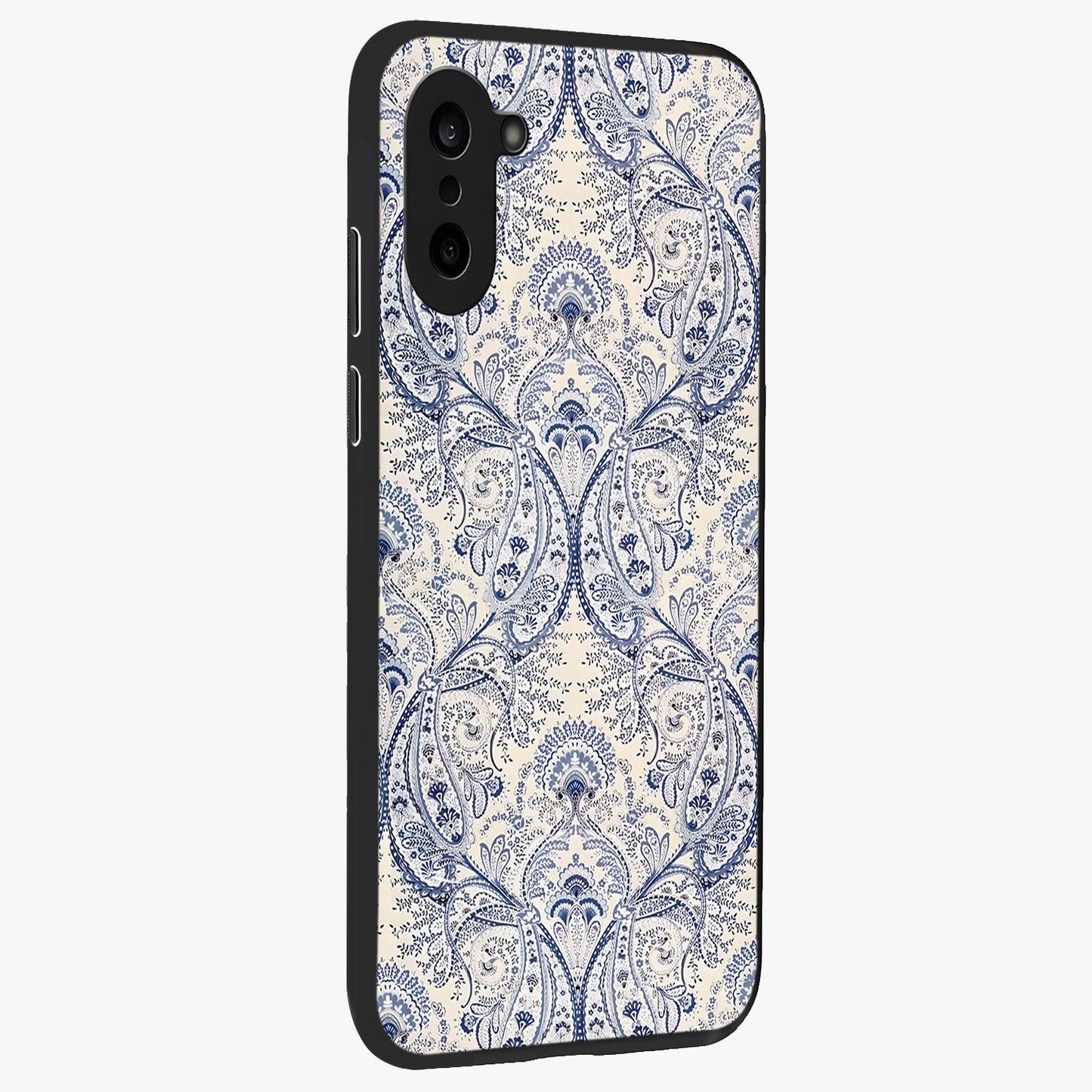 Blue Paisley Bloom Glass Case for 1+Nord CE 5 side perspective highlighting elegant paisley textures and premium build