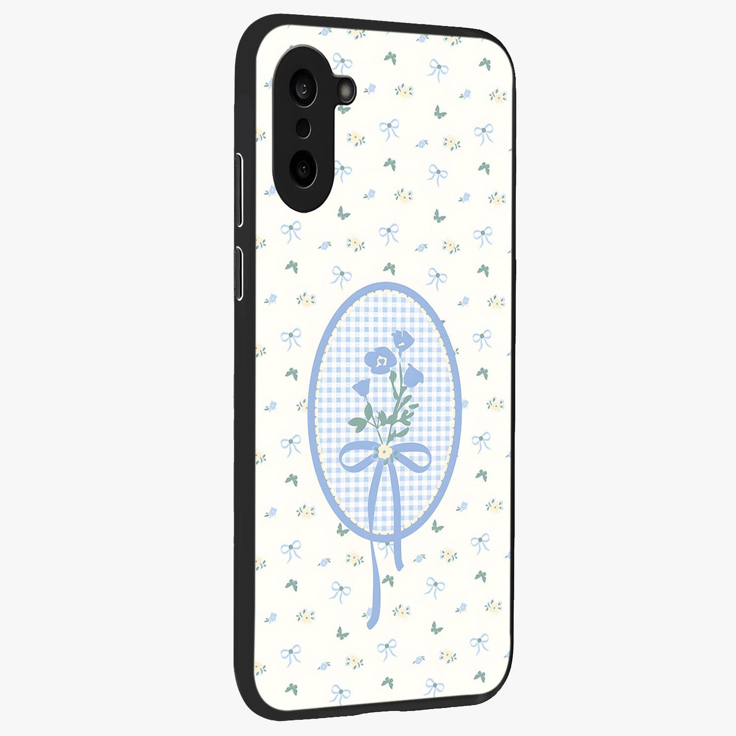 Blue Ribbon Bloom Glass Case for 1+Nord CE 5 side perspective highlighting graceful floral design and premium edges