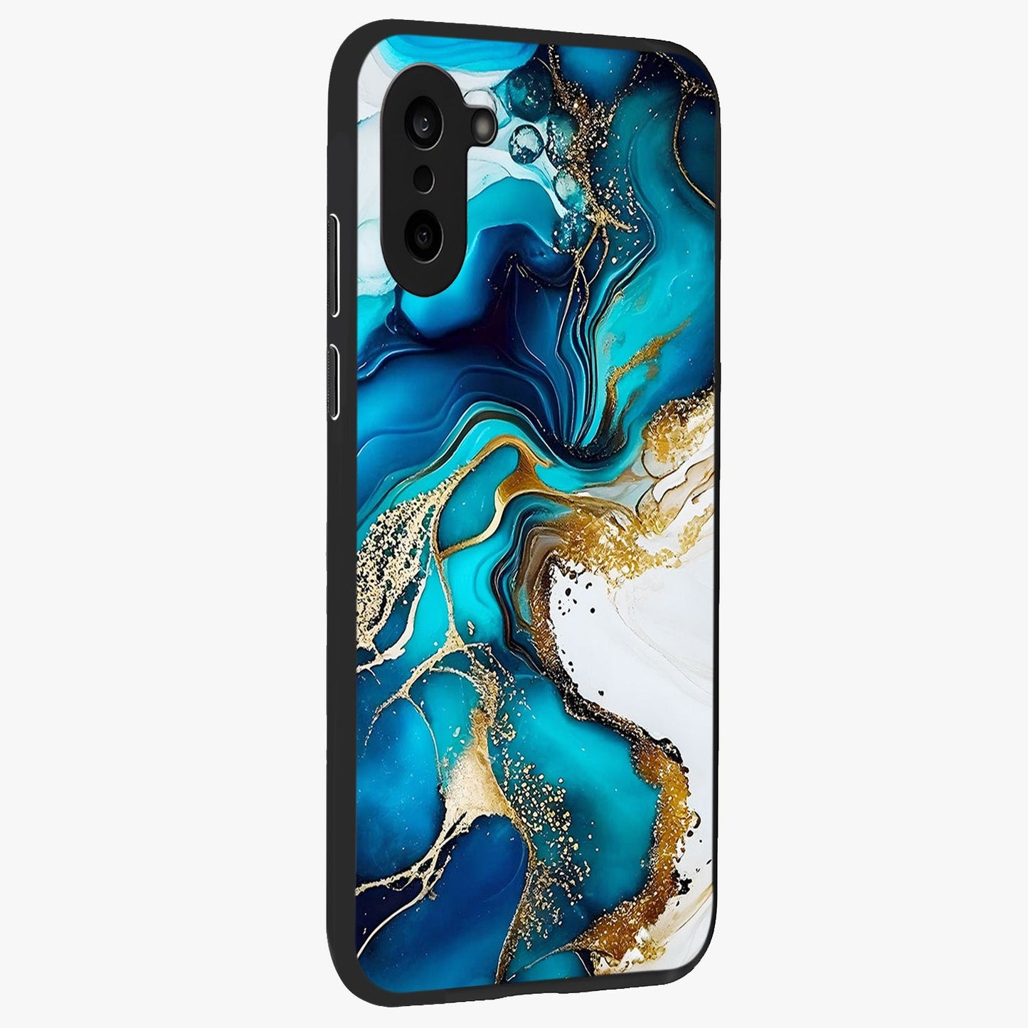 Blue and White Marble With Golden Viens Art Glass Case for 1+Nord CE 5 side perspective highlighting rich marble textures and elegant gold accents