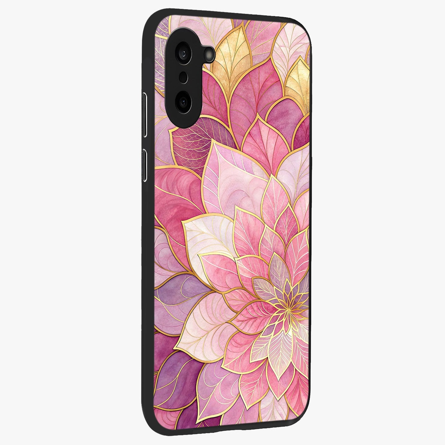 Blush Luxe Bloom Glass Case for 1+Nord CE 5 side perspective highlighting elegant floral textures and sleek edges