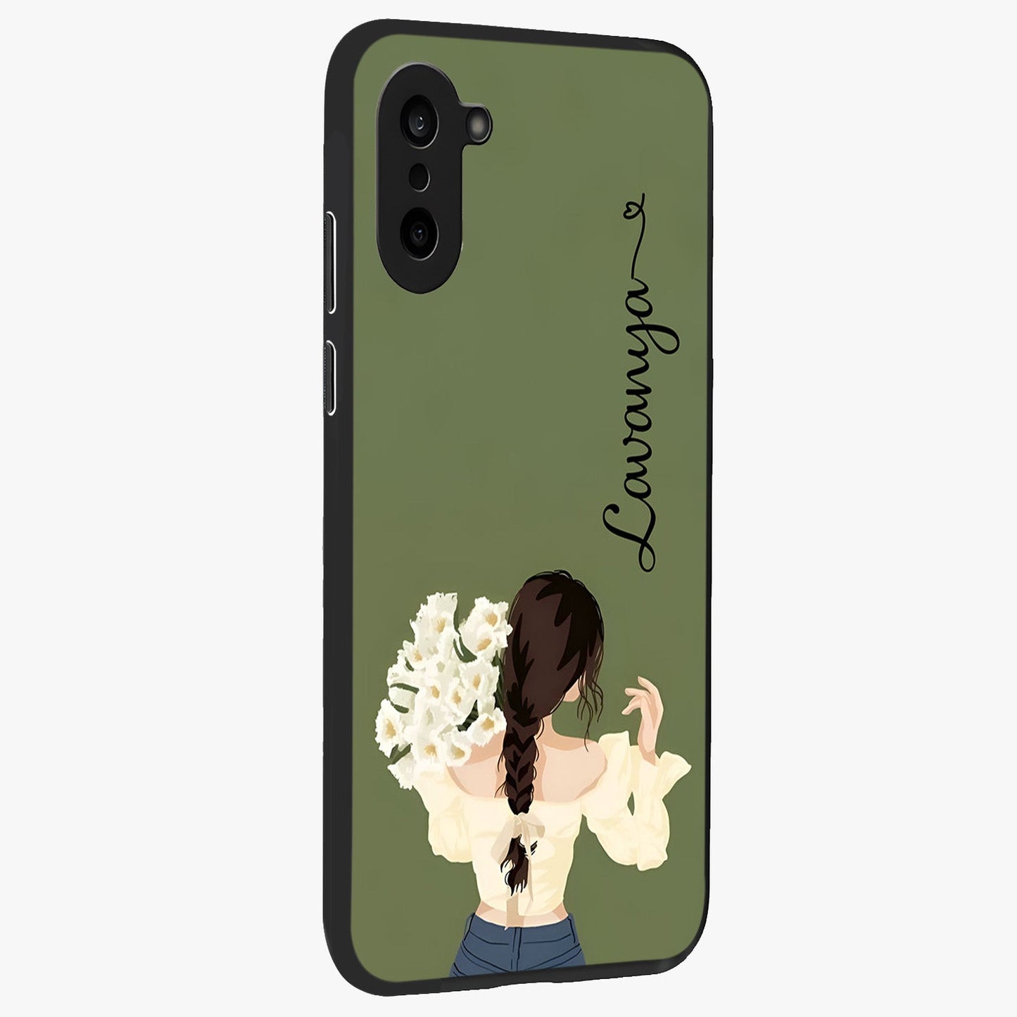 Braided Spring Beauty With Custom Name Glass Case for 1+Nord CE 5 side perspective highlighting custom name typography and smooth edges