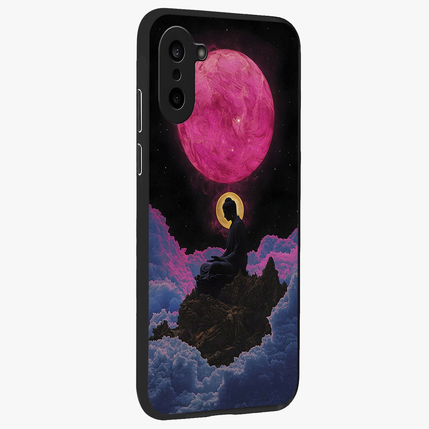 Buddha and Planets Glass Case for 1+Nord CE 5 side perspective highlighting divine illustration details and premium build