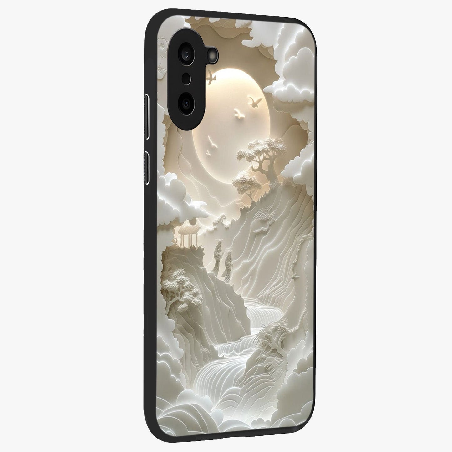 Celestial Origami Glass Case for 1+Nord CE 5 side perspective highlighting sharp detailing and smooth premium build