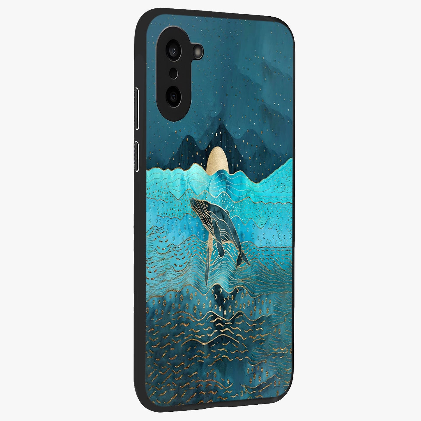 Celestial Whale Voyage Glass Case for 1+Nord CE 5 side perspective highlighting flowing whale illustration and premium detailing