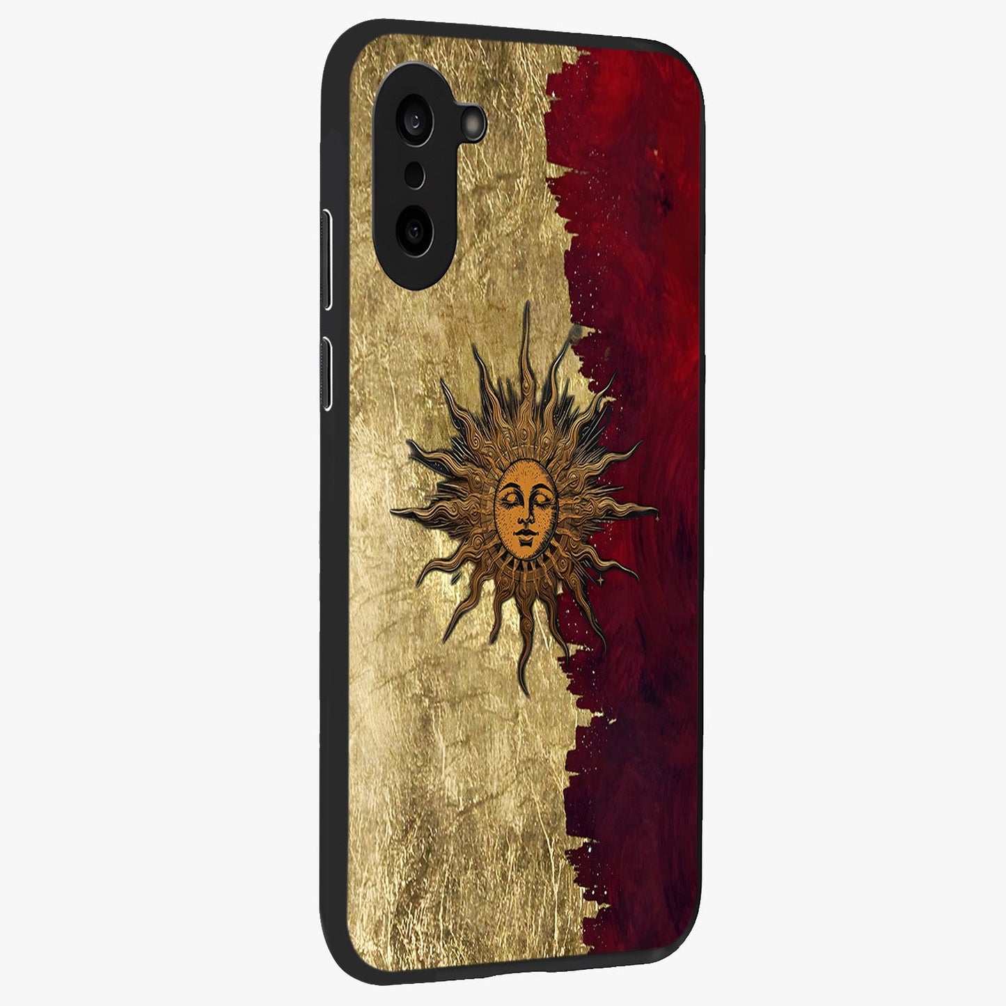 Crimson Sun Majesty Glass Case for 1+Nord CE 5 side perspective highlighting vibrant sun detailing and smooth edges
